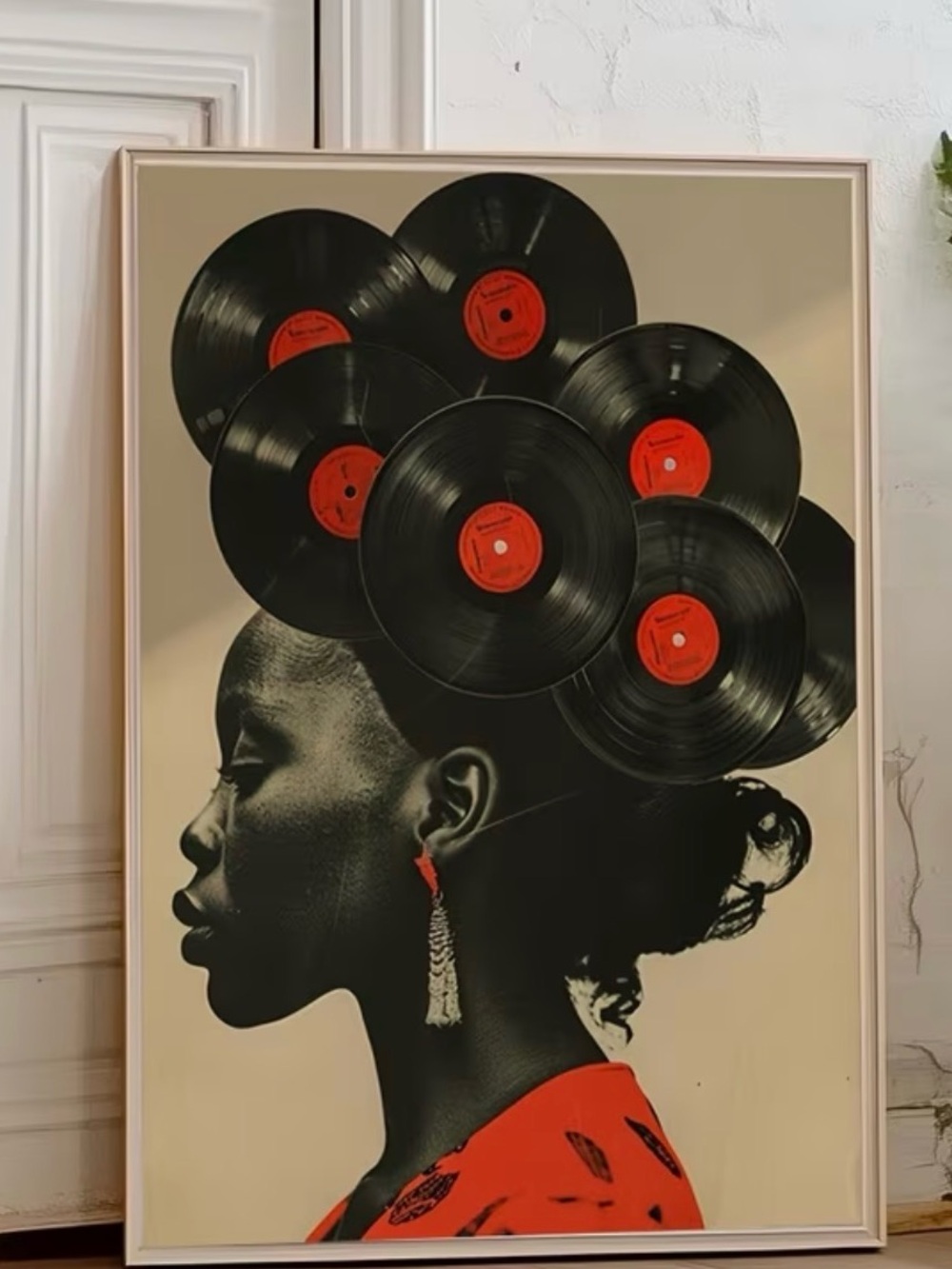 New African American woman vinyl records 16x22 Music Lover Retro Canvas no Frame